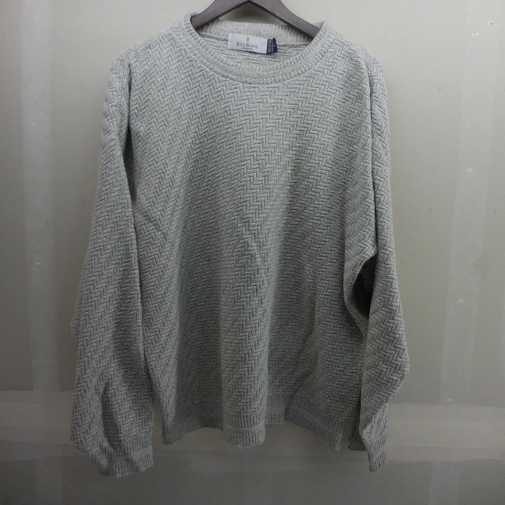 Bill Blass Menswear Gray Chevron Knit Cotton Sweater Mens Large Made in USA